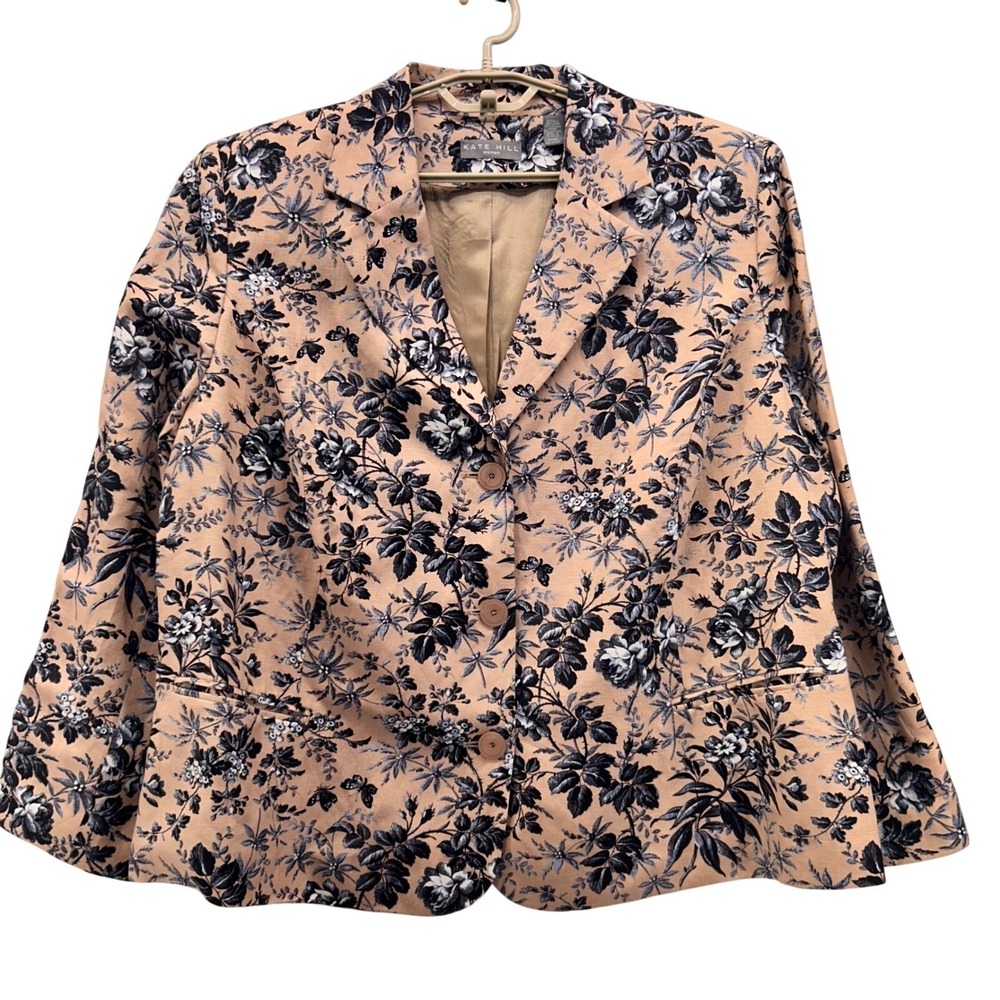 Kate Hill Floral Linen Blazer Tan Blue 22W